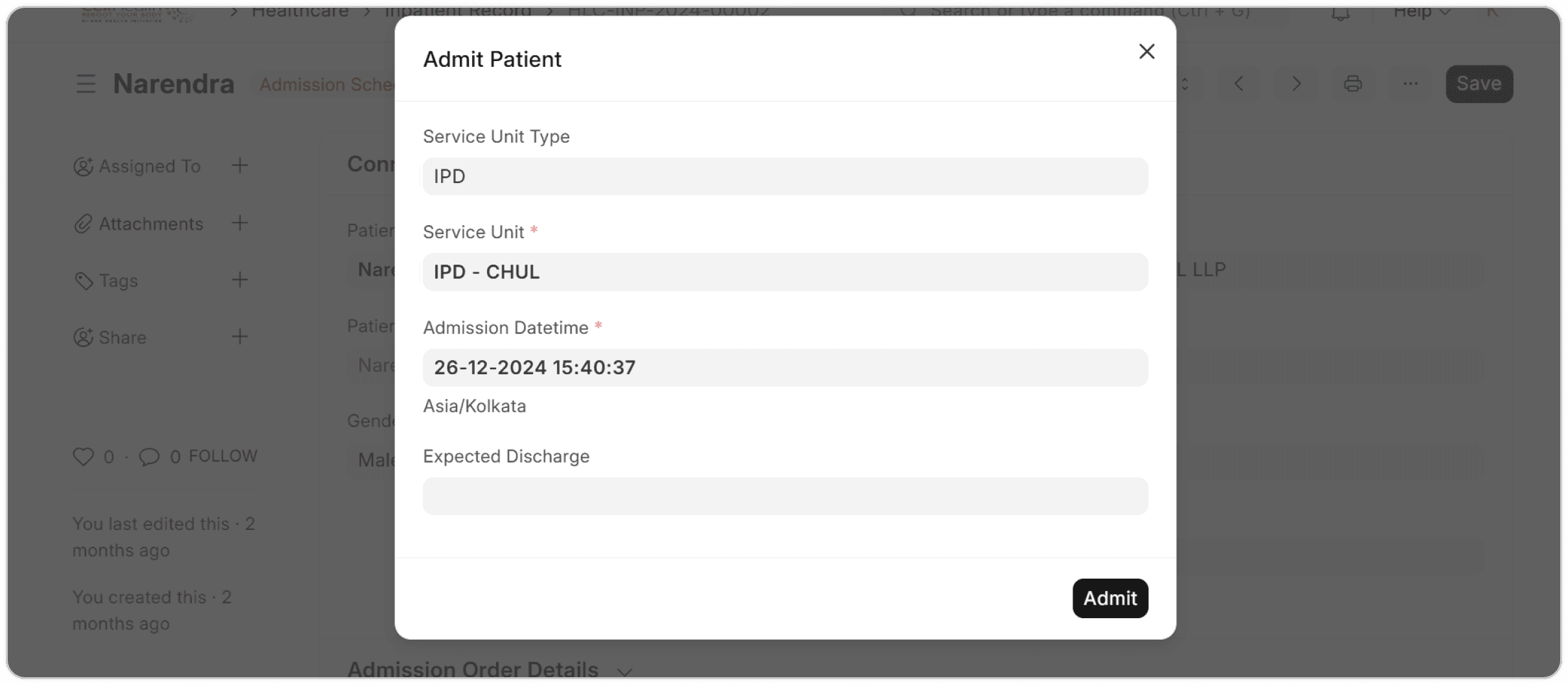 Screenshot project healthcare - admit-patient