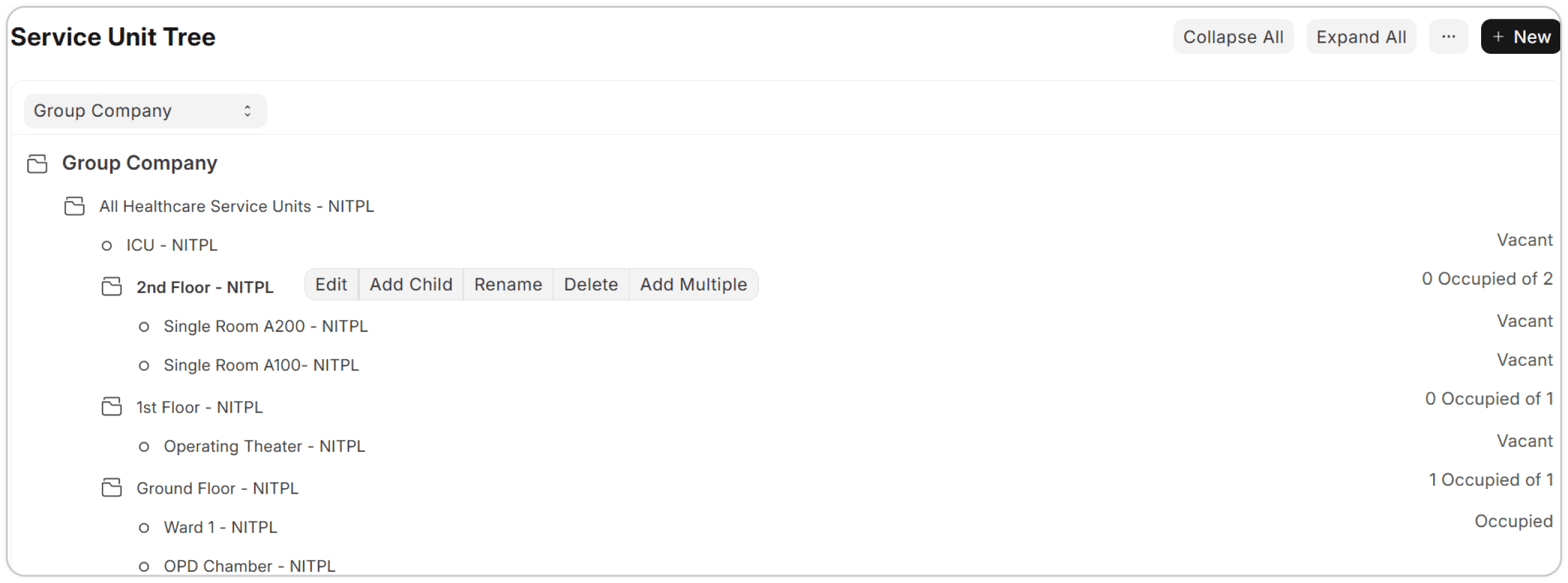 Screenshot project healthcare - service-unit-tree